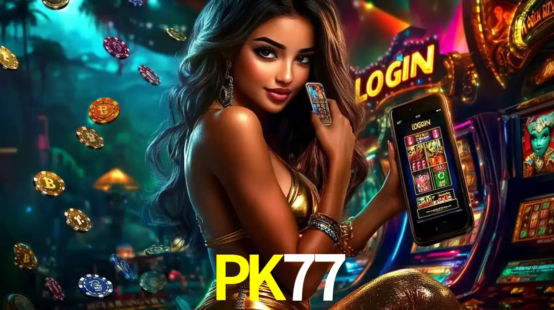 Mulher em um cenário de cassino temático de aventura, mostrando o app de caça-níqueis da PK77 no celular. Fichas de apostas flutuam ao redor.